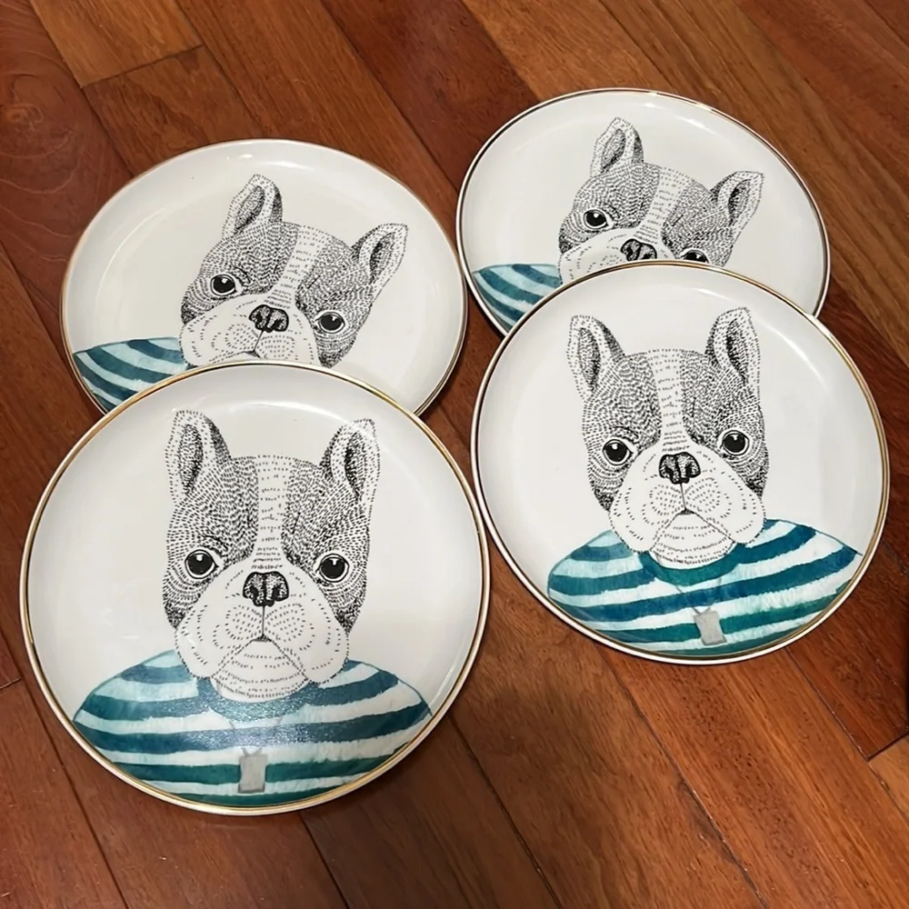 PIER 1 Book Club FRENCH BULLDOG Fine China Salad Plates Gold Trim Set/2